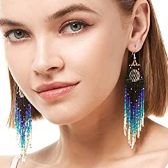 Moon Eclipse Crescent Long 5" Night Earrings Handmade Beaded Oversized - Picture 1 of 9